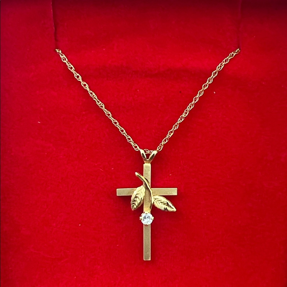 14K GFCross & Necklace with Leaf Accent and Sparkling Stone - Women's Jewelry